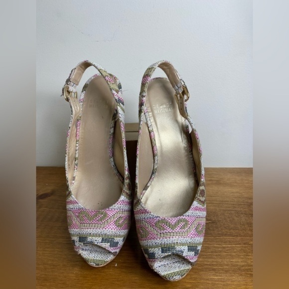 Stuart Weitzman Logoyork Jacquard Wedge Peep Toe Pump Pink Size 8.‎ - Picture 2 of 9
